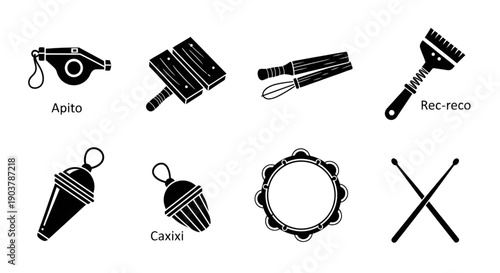 Various black silhouettes depicting diverse Brazilian percussion instruments and drumsticks.