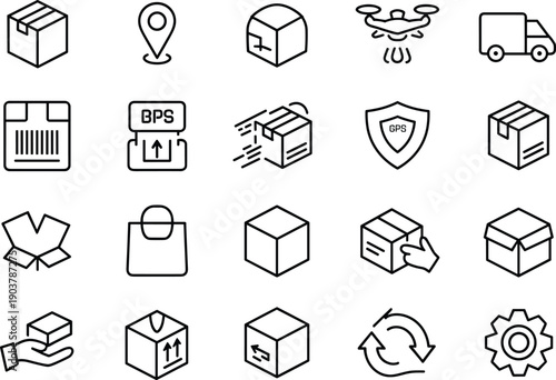 Logistics and shipping service icons set featuring parcel delivery tracking and warehouse management vector elements