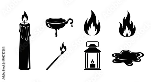 Various black silhouettes representing fire, light sources, and molten wax on a surface.