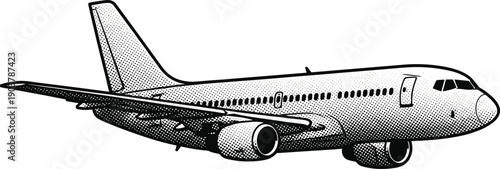 Black and White Airplane Illustration with Halftone Dots and Transparent Background Keywords: airplane, aircraft, jet, travel