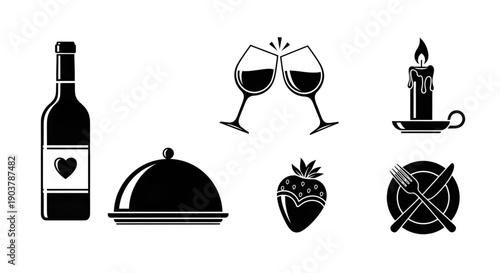 Romantic dinner icons with wine bottle glasses candle and food