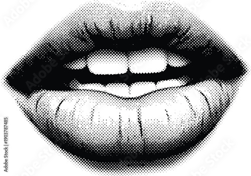 Black and white halftone dot art close-up of woman's open mouth with teeth showing lips smile