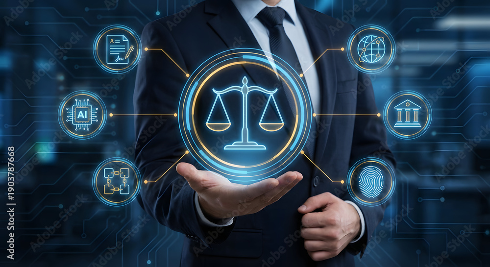 Obraz premium businessman holding virtual justice scales icon with legal technology symbols representing digital law firm services smart contracts cyber legislation and artificial intelligence