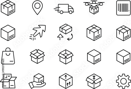 Logistics icon set featuring delivery boxes shipping trucks and parcel tracking symbols for warehouse and supply chain