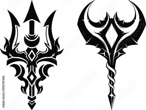 Tribal trident tattoo designs with ornate details and curved prongs