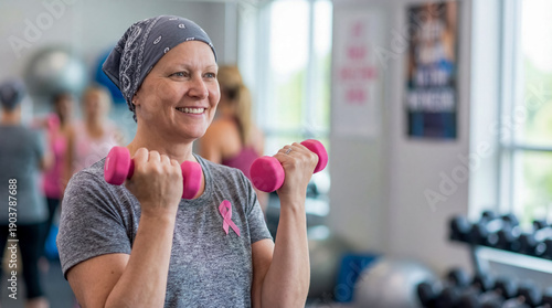 Cancer survivor lifting small weights in gym recovery strength motivation background copy space oncology wellness fitness remission energy health