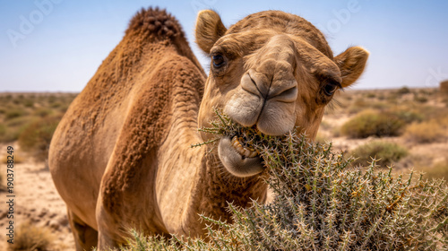 Camel grazing on thorny desert shrub in arid landscape: close view of curious face and textured fur