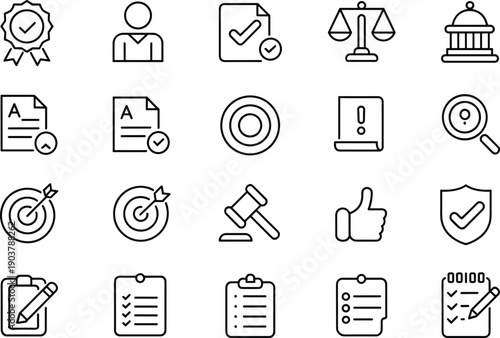 Professional quality assurance and legal compliance thin line icons set featuring business standards and law symbols