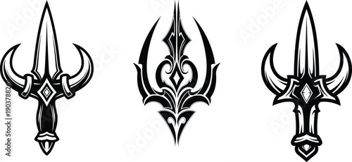 Three ornate tridents with varying designs and details