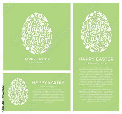Easter greeting card templates set. Vector layout collection with floral egg silhouette and copy space on green background. Flyer, banner, and invitation design.
