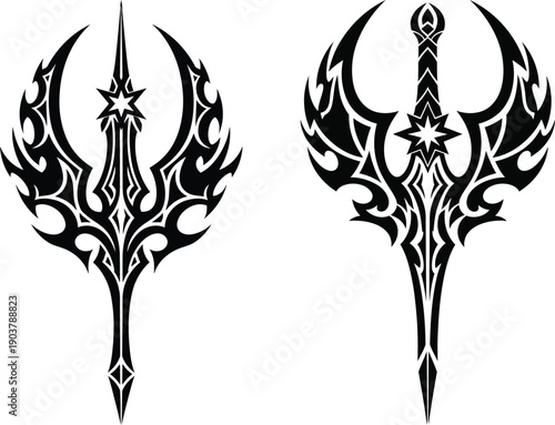 Intricate black tattoo designs of fantasy weapons with ornate details