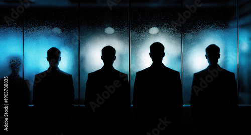 Silhouette group men business mysterious dark blue teamwork corporate office standing leadership professional shadow backlit modern glass window night secretive strategy unity formal male