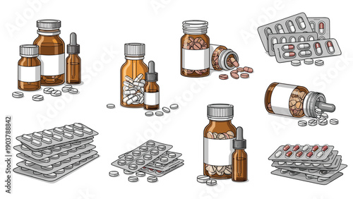 Collection of realistic illustrations showing various medicine bottles blister packs and loose pills for pharmacy and healthcare themes.