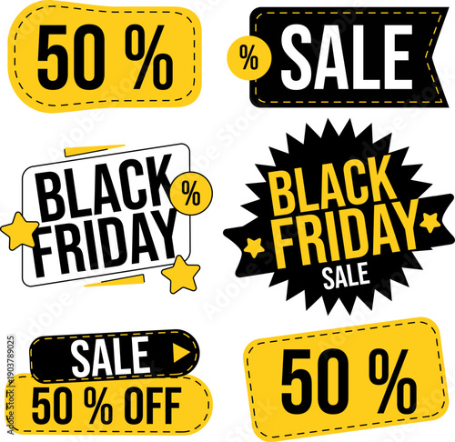 Sale stickers. Black Friday discounts. Promotional badges with discount percentages, yellow and black offers, stickers with special offers.