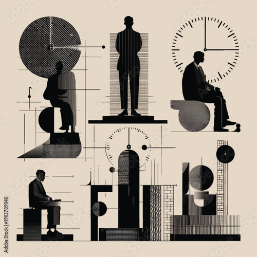 Business productivity and efficiency silhouettes, time management vector
