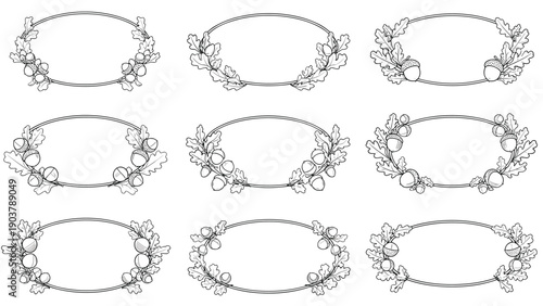 Elegant set of oval frames decorated with hand drawn oak leaves and acorns in a vintage sketch style for decorative border designs.