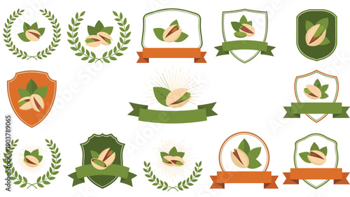 Colorful collection of pistachio nut logo templates featuring shields wreaths and banners for organic snack food branding applications.