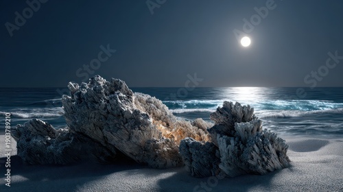 Bright full moon illuminates jagged coastal rock formation upon sandy shore under dark night sky