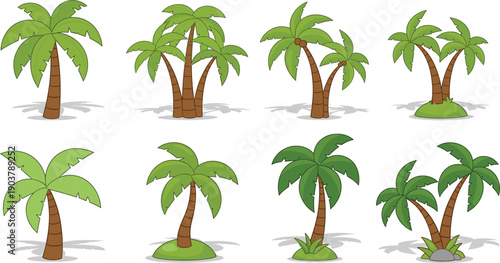 Tropical palm tree vector set featuring various exotic coconut palms and island plants in a flat cartoon style for summer travel and vacation designs.