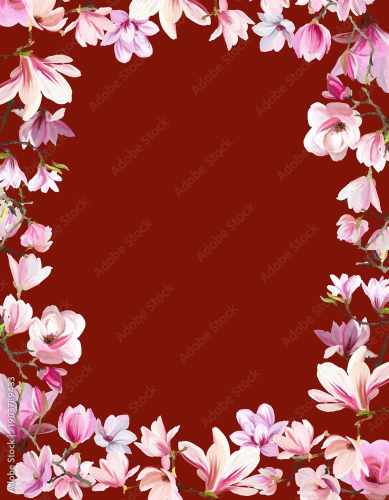 Fototapeta premium A beautiful floral frame of pink and white flowers set against a dark red background.