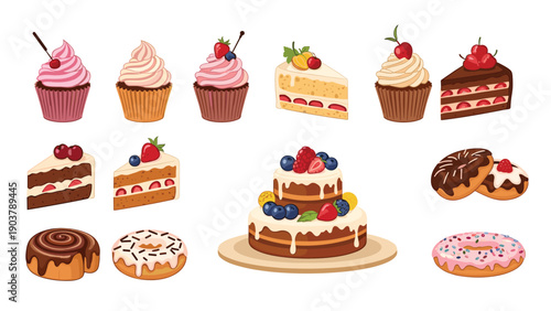 Mouth watering illustrations of assorted cakes cupcakes donuts and brownies with fruit toppings for bakery and cafe menus.
