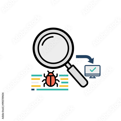Software bug detection and debugging process illustrated with magnifying glass and error icon