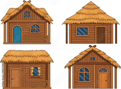 Set of rustic wooden cabin vectors with thatched roofs and cozy cottage architectural details in a flat cartoon style isolated on white background.