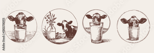 Hand drawn crayon vintage sketch drawing line ink clipart. Cute cows and milk glass in rustic farm scenes, linear sketch style. Organic dairy set for labels, packaging, logo, food design.
