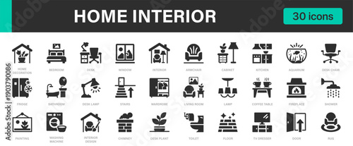 Home interior icons set. Home Interior, Furniture, Decoration, Living Space and others.
