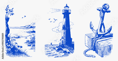 Vector coast lighthouse beacon anchor rope nautical. Hand drawn mediterranean seaside scenes with wild shore, birds, waves and maritime details. Vintage italian travel illustration set.