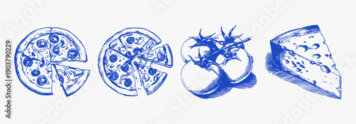 Pizza slices cheese tomatoes italian food set. Hand drawn blue ink illustrations of classic mediterranean cuisine. Tasty vintage style elements for menu, card or restaurant design.