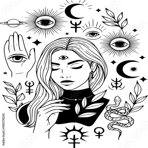 Mystical Illustration of a Seer: A captivating illustration showcases a serene female seer amidst celestial symbols, conveying introspection, insight, and the allure of the unknown.