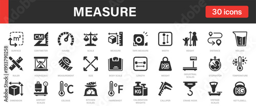 Measure icons set. Measure, Measurement, Scale, Dimension, Weight, Length and others.