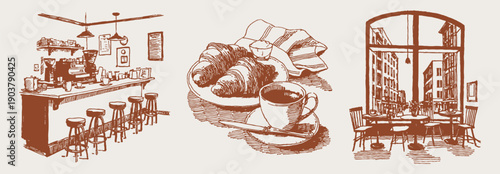 Cafe counter bar croissant pastry coffee interior. Hand drawn crayon vintage sketch drawing line art. Bakery morning scenes with stools, window tables and fresh bread.
