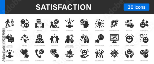 Satisfaction icons set. Satisfaction, Happiness, Feedback, Rating, Success and others.