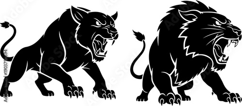 Two black panthers roaring aggressively in a fierce illustration, showcasing their sharp claws and teeth from a straightforward viewpoint.
