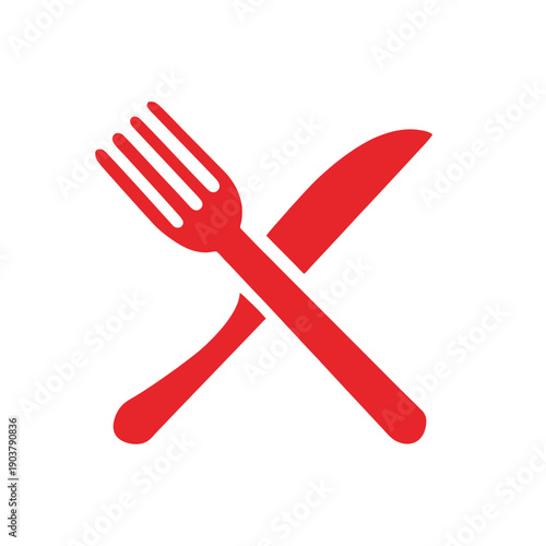 Romantic Dinner Icon with Crossed Fork and Knife in Red, Vector Symbol for Valentine's Day Date Night, Restaurant Menu, or Anniversary Celebration Concept