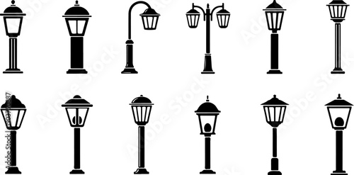 Collection of various black street lamp designs and styles isolated on a plain background viewed from a straightforward perspective.