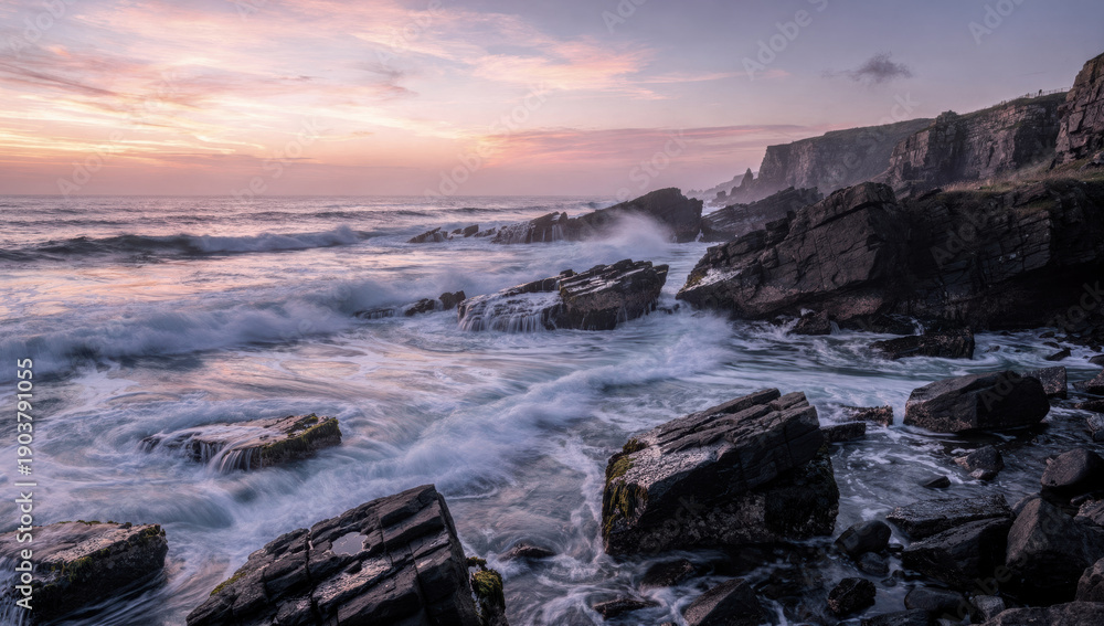 Fototapeta premium Rocky coast ocean wave dramatic sky sunset sea spray rugged cliff scenic landscape tranquil natural beauty evening light create peaceful atmosphere along shoreline