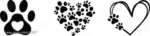 Vector icon of a paw print, an illustration that could be either a dog's or a cat's pawprint, represented as an animal silhouette.Silhouette vector icon set of paw and bone shapes with different 