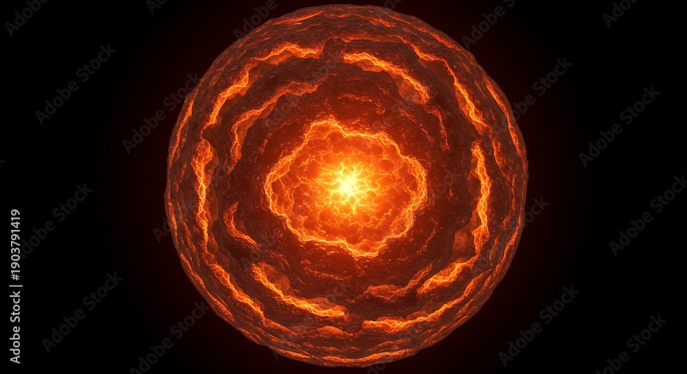 Fototapeta premium Molten Lava Sphere with Glowing Core and Textured Volcanic Rock Surface on Black Background, Concept of Planetary Core or Magma Energy