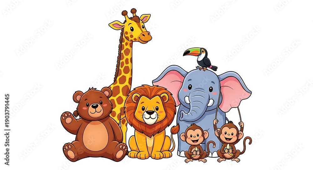 Obraz premium A delightful illustration of a friendly group of safari animals including a giraffe, elephant, lion, bear, and monkeys