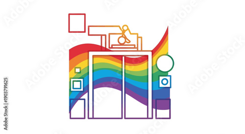Colorful elevator entrance with accessibility symbol representing diversity and inclusion concept