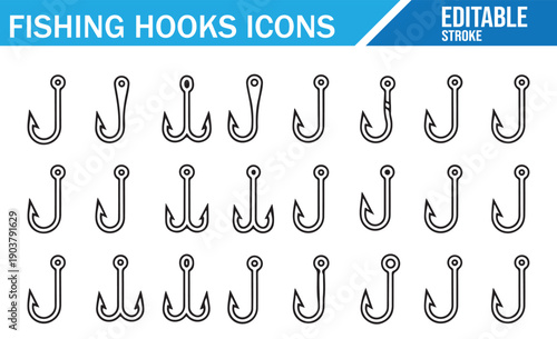 Fishing Hooks Line Icons, Set of Vector Symbols with Editable Stroke, Tackle
