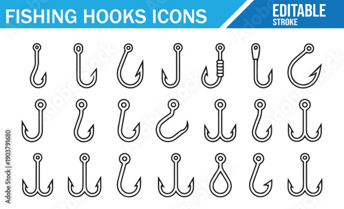 Vector Set of Fishing Hook Icons, Line Art Design, Double Hooks Tackle