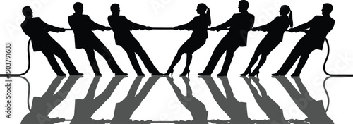 Business people silhouettes playing tug of war with rope and reflection representing corporate competition teamwork and workplace conflict