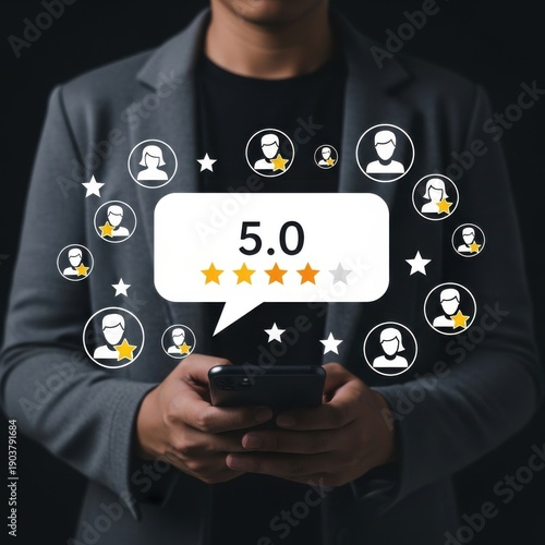 A man holding a phone with a 5 0 rating and people icons