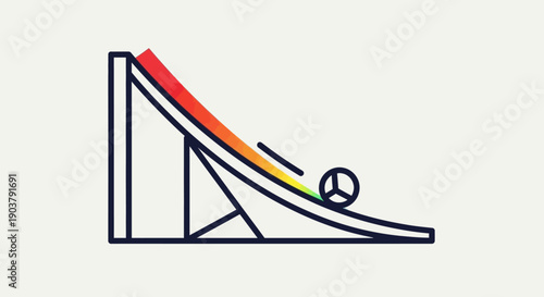 Dynamic illustration of a wheel-like object descending a colorful ramp demonstrating motion and