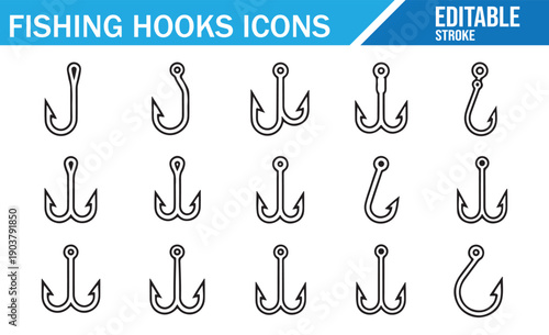 Fishing Hooks Icons Set. Vector Line Art Collection of Double Hooks with Editable Stroke. Fishing Tackle Equipment Symbols.
