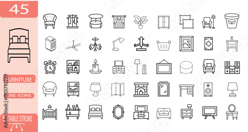 Home furniture and interior decoration line icon set, modern house furnishing and office workspace symbol, living room arrangement vector illustration with editable stroke.